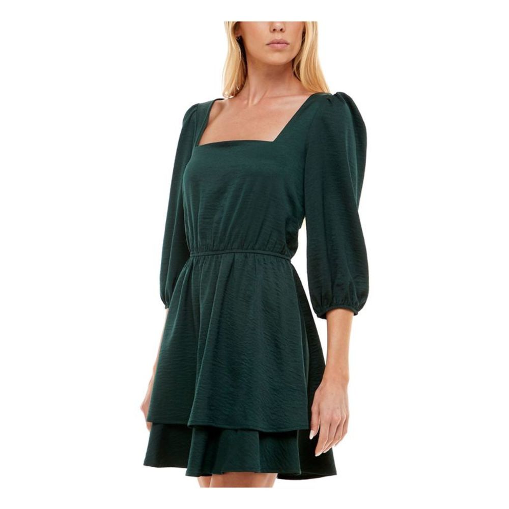 SPEECHLESS Womens Green Back 3/4 Sleeve Short Fit + Flare Dress Juniors XXS